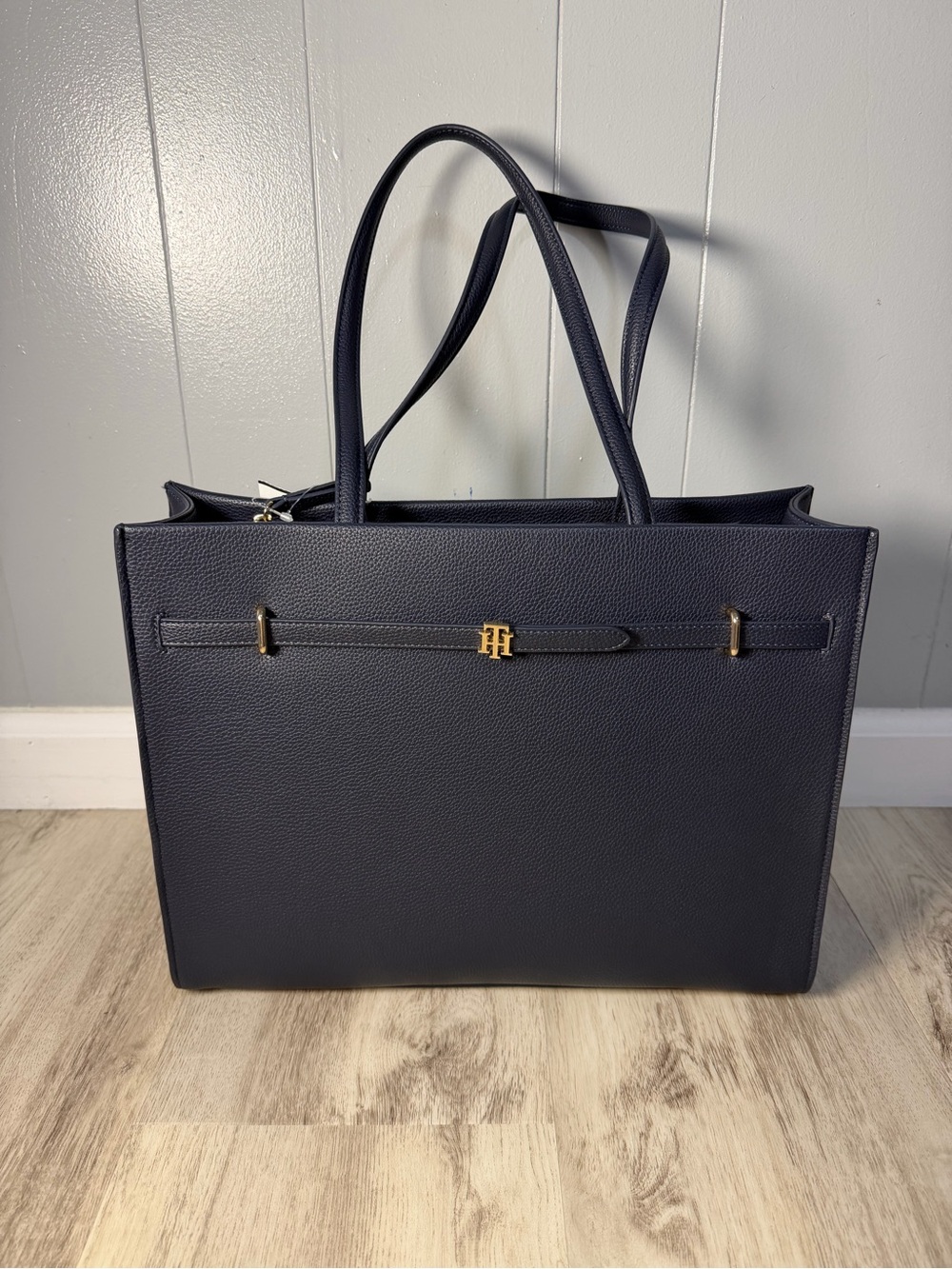 Tommy Hilfiger Navy Leather Tote with Gold Hardware